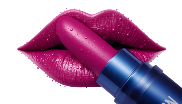 Close up of magenta lipstick being applied to lips with water droplets on a black background .