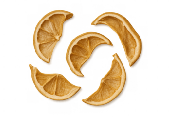 Dried orange slices arranging circular pattern, backlit against transparent surface, highlighting citrus texture and symmetrical design