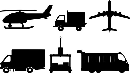 "Minimalist line art icon pack of commercial transport and supply chain. Includes plane, drone, helicopter, pallet jack, cargo van, freight ship, and logistic center."