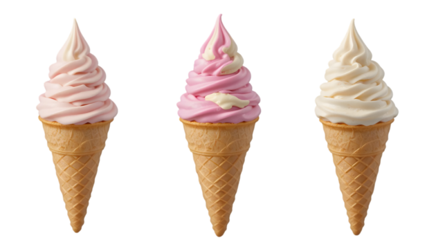 Three ice cream cones with pink and white soft serve on a black background in a horizontal line .
