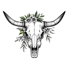  Detailed Bull Skull Drawing – Retro Engraved Design Perfect for Tattoos, Logos, and Western Decor.