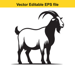 A horned goat with a beard, Silhouette,  isolated on white background