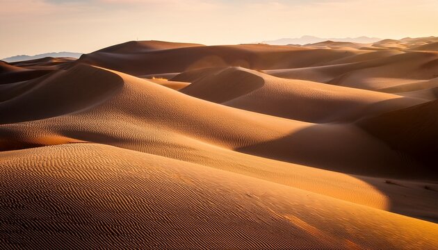 rolling sand dunes under soft light create a serene and endless desert landscape evoking a sense of calmness and ethereal beauty - Powered by Adobe