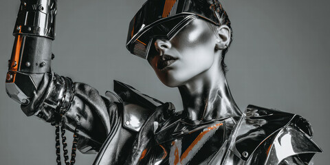 Gender-Neutral Model in Asymmetrical Chrome Plate Armor with Raised Arm and Closed Visor

