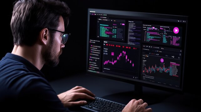 Focused Individual Analyzing Data Trends on a Dark Screen with Graphs and Programming Code for Deep Insight into Statistical Analysis and Performance Metrics