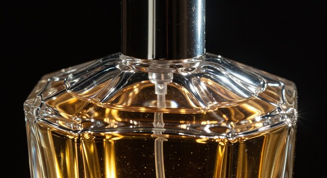 Elegant Glass Perfume Bottle with Gold Liquid in Modern Lighting