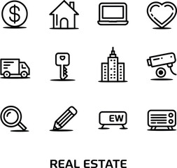 Fototapeta premium Vector Real Estate & Property Outline Icons: Essential Symbols for Housing, Sales, and Related Concepts.