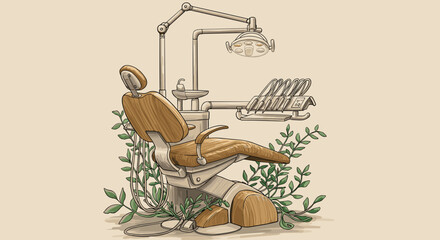  Eco style dental chair with lamp and green leaves for wellness ad
