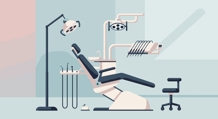  Flat vector dental chair with lamp in clinic interior for web use