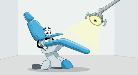  Funny blue dental chair with face under lamp for kids’ healthcare ad