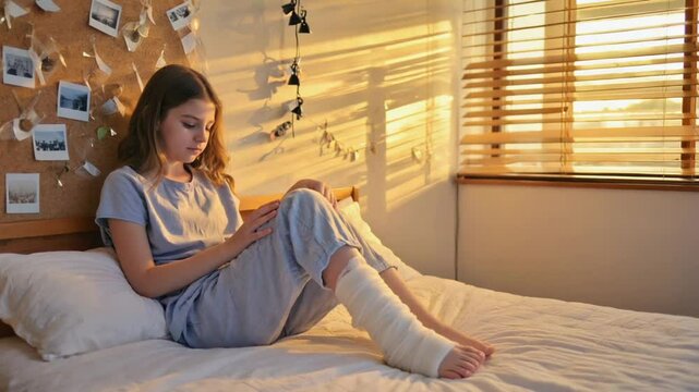 Teenager with leg in cast in bed.
