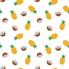 coconut, mango, pineapple, blueberry, papaya. Vector seamless pattern in flat style on white background. Cute illustration of food, tropical fruits