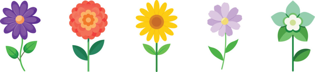 Set of Five Colorful Cartoon Flowers on Transparent Background