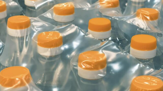 Plastic bottles mineral water yellow caps shrink wrap packaging industrial production line manufacturing