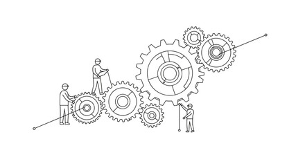  Engineers working with gears in line art for teamwork infographic