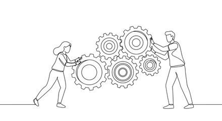  Man and woman connecting gears in line art for cooperation concept