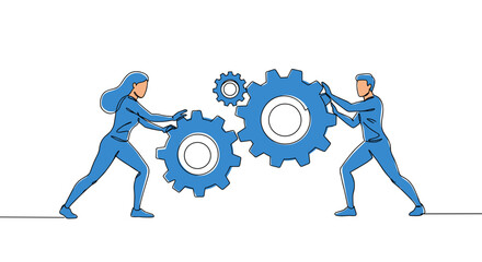  Man and woman adjusting blue gears for teamwork strategy design