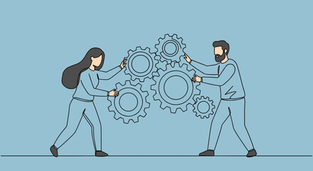  Man and woman turning gears on blue for business cooperation theme
