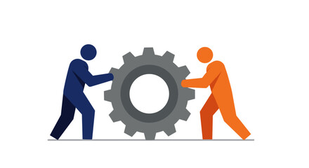  Two people pushing gear in flat design for collaboration metaphor