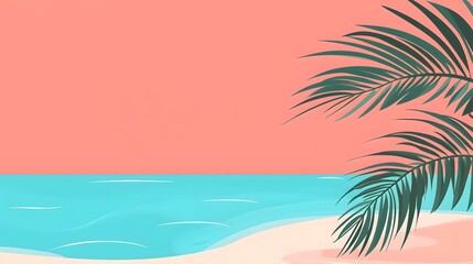 Fototapeta premium Summer Beach Scene Palm Leaves Ocean Pink Sky Minimalist