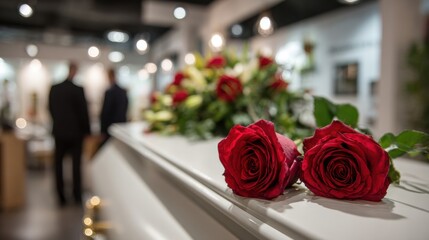 Elegant white coffin adorned with red roses in a sophisticated funeral showroom interior setting