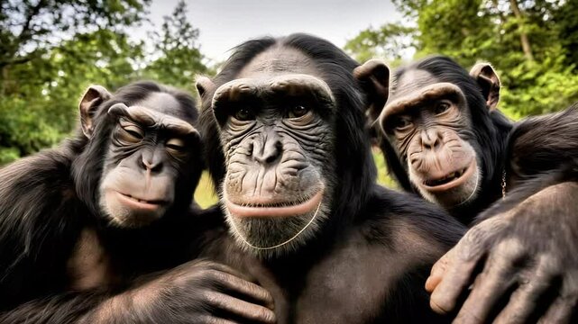 Three playful chimpanzees are laughing together in a natural setting, showcasing their expressive faces and joyful interaction in a vibrant, lush environment