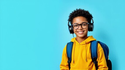 Young boy with curly hair wearing glasses and headphones, dressed in a bright yellow hoodie, stands confidently against a vibrant blue background, showcasing a cheerful and modern style - Powered by Adobe