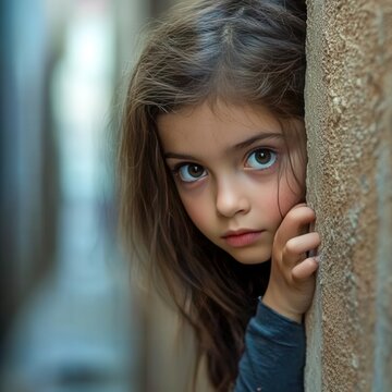 a curious girl peeking around a corner with one hand on wall in an alley portrait orientation