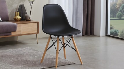 Modern Black Plastic Chair with Wooden Legs Home Interior Design