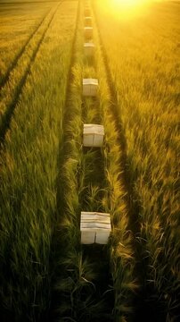 Beehives Aligned in Barley Field at Sunrise