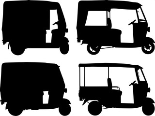  Silhouette vector icons of tuk-tuk rickshaws — Collection of various three-wheel auto rickshaw designs from different regions, shown in minimalistic solid black style on white background.