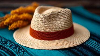 Woven summer hat with brown band rests on a textured blue fabric alongside a bundle of dried wheat for a natural style.