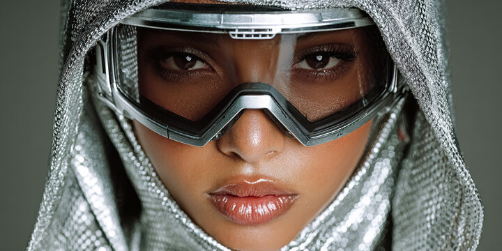Futuristic Fashion Portrait of Model in Metallic Techwear and Reflective Goggles - Powered by Adobe