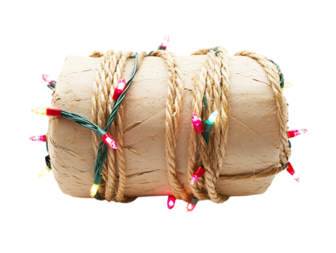 Natural rope wrapped around a wooden cylinder decorated with colorful christmas lights isolated on transparent background