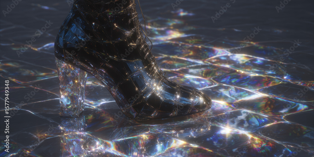 Wall mural hyperreal close-up of a jet-black boot designed with fractal titanium armor plates and gemstone-glas
