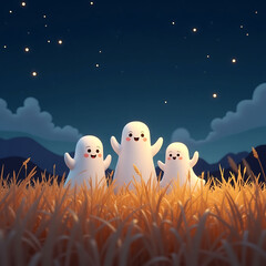 A cute cartoon illustration shows two funny baby cats celebrating a Halloween night scene with pumpkins and a happy spring sky..