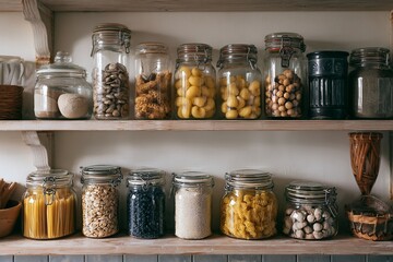 Glass jars of pasta and dry goods displayed on two rustic wooden shelves, food storage and kitchen organization.