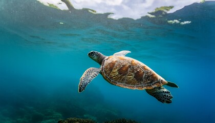 Obraz premium a sea turtle glides gracefully underwater with outstretched flippers against a green aquatic background