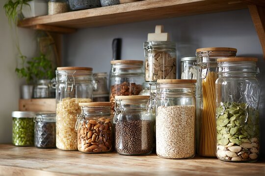 Collection of assorted dry goods and pantry staples in glass storage jars on wooden shelves and counter, zero waste lifestyle