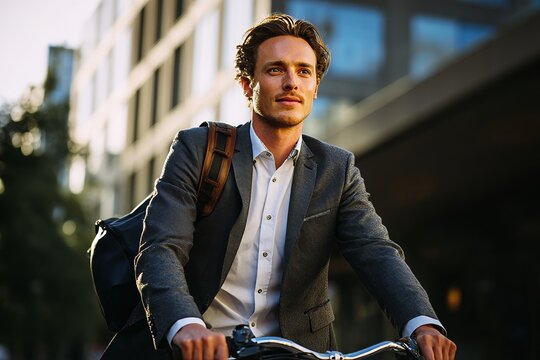 Handsome man commuting to work riding vintage bicycle in downtown area with backpack over shoulder on sunny day