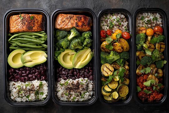 Overhead view of healthy prepared meals in black containers: salmon, vegetables, rice, beans and avocado on dark surface