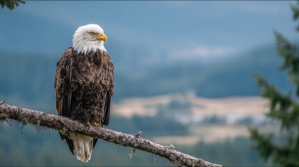 Bald eagle perched on branch, scenic view