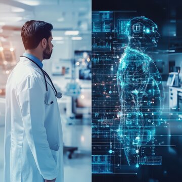 A futuristic splitscreen artwork with the left half showing a traditional doctor's office with a stethoscope, .