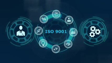 Business, technology, internet and network concept. Virtual screen of the future with the inscription: ISO 9001 ,Abstract technology symbols on a blue background - Powered by Adobe