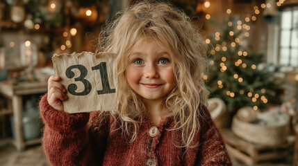Young girl smiling and holding calendar page with number 31 for New Year  