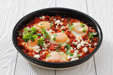 shakshuka, eggs poached in tomato vegetable sauce