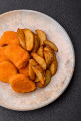 Crispy chicken nuggets, meat takeaway meal with salt. Chicken nuggets, fast food