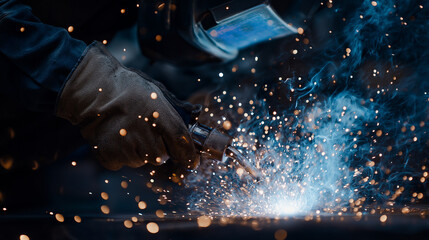 Welding Torch Sparks in Action with Gloved Hands