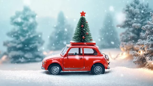 A small red car with a Christmas tree on its roof drives through a snowy landscape. Pine trees are visible in the background, creating a festive winter scene.