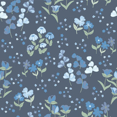 Fantasy Flowers in Shades of Blues with Sage Green Leaves on Navy Blue creating a seamless pattern print
